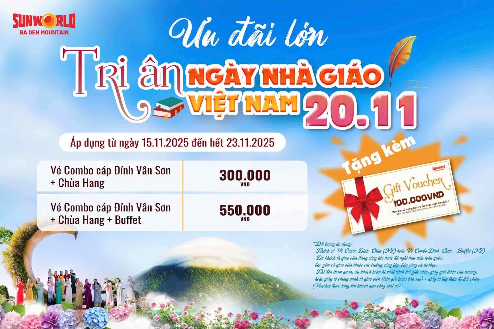  KDL Sun World Ba Den Mountain cũng vẫn liên tục miễn phí vé cáp cho Tăng ni (áp dụng cho khách có chứng nhận Tăng Ni của GHPG hoặc chứng điệp thọ giới) và cho người cao tuổi từ 80 tuổi trở lên