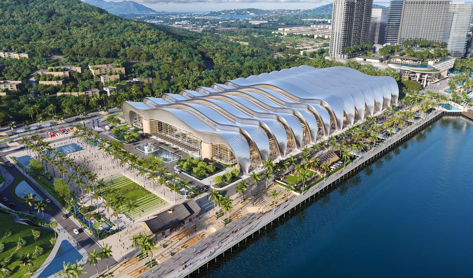  Phối cảnh Trung tâm Hội nghị và Triển lãm với phần mái uốn cong lấy cảm hứng từ sóng nước Phú Quốc. 