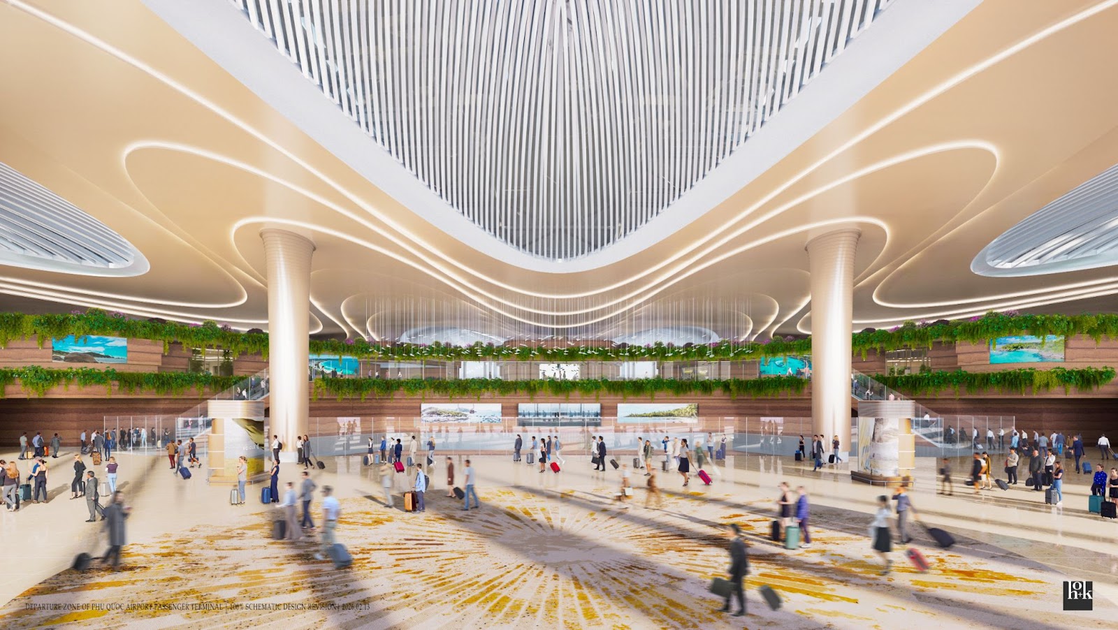 HOK - the firm behind the departure hall design, is a global architecture, engineering, and design corporation renowned for its sustainable and environmentally conscious projects.