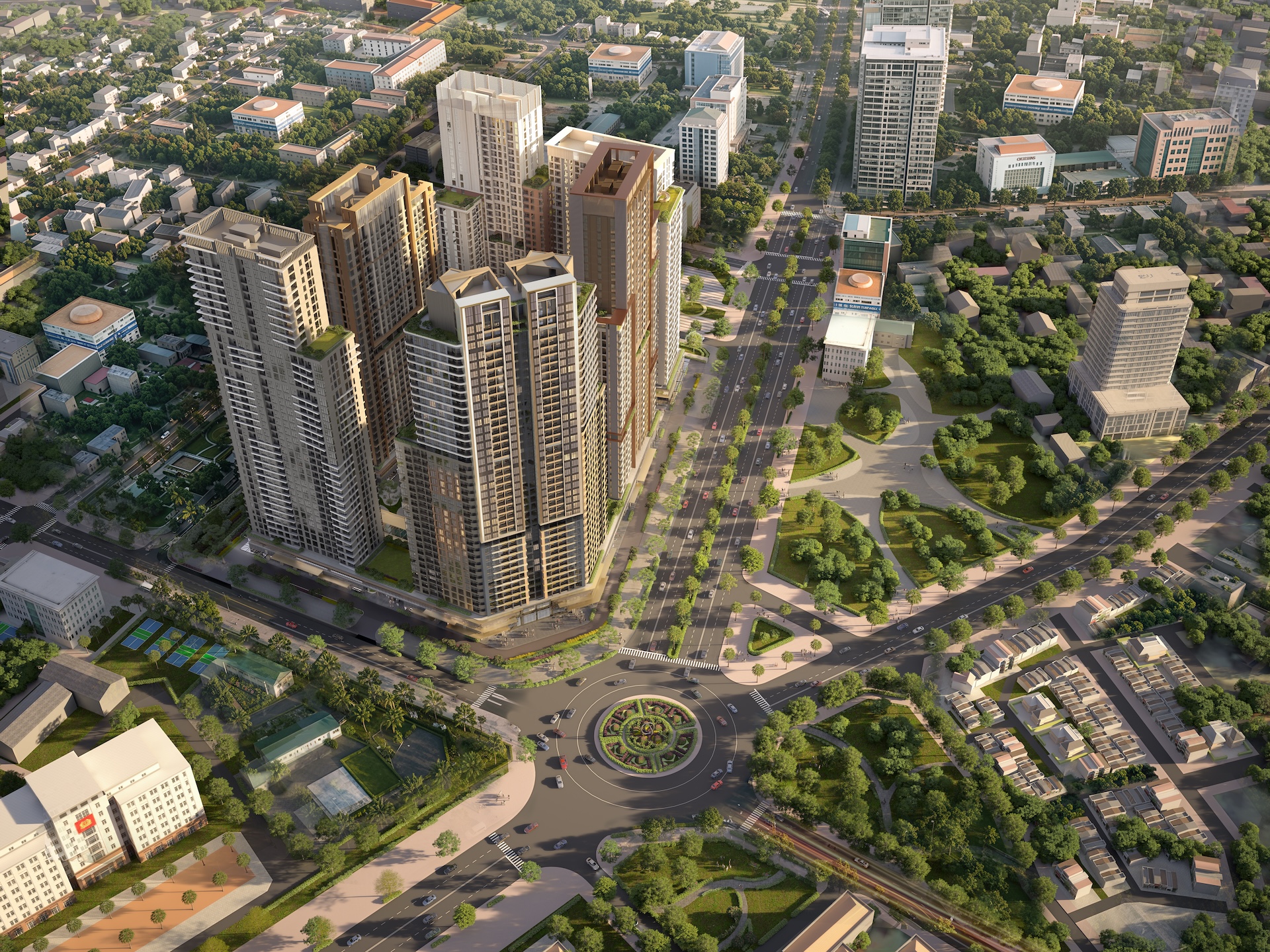 Phối cảnh Tổ hợp Trường Vinh với 5 tòa tháp hiện đại, kết hợp hài hòa giữa không gian sống, thương mại và mảng xanh rộng lớn.